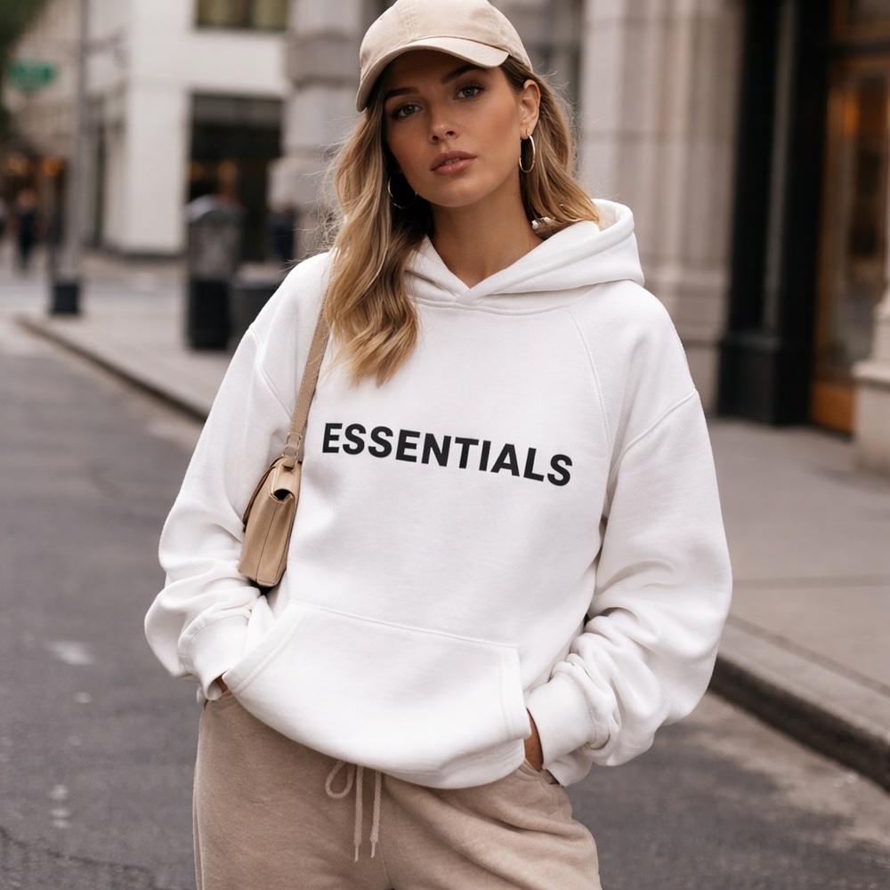Fear of God ESSENTIALS White Hoodie Logo Sweatshirt Size L Minimalist Streetwear